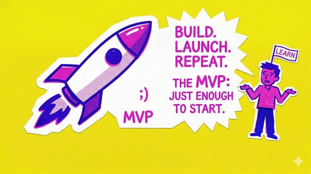 To help you populate your CMS or media library for the "What does MVP really mean?" blog post, here is the ALT text and a matching caption to provide context. ALT Text A vibrant, retro-futuristic risograph-style collage illustrating the concept of a Minimum Viable Product (MVP). On a bright yellow background, a large paper cutout shows a launching rocket, rendered in fuchsia and blue halftone patterns, labelled 'MVP'. To its right, an explosion-shaped speech bubble contains bold fuchsia text: "BUILD. LAUNCH. REPEAT. THE MVP: JUST ENOUGH TO START." Farther right, another cutout features a helpful cartoon figure with hands outstretched, holding a flag that reads "LEARN," and a small semicolon smiley is near the rocket, symbolizing the build-to-learn process in the 'helloworld;)' brand style.