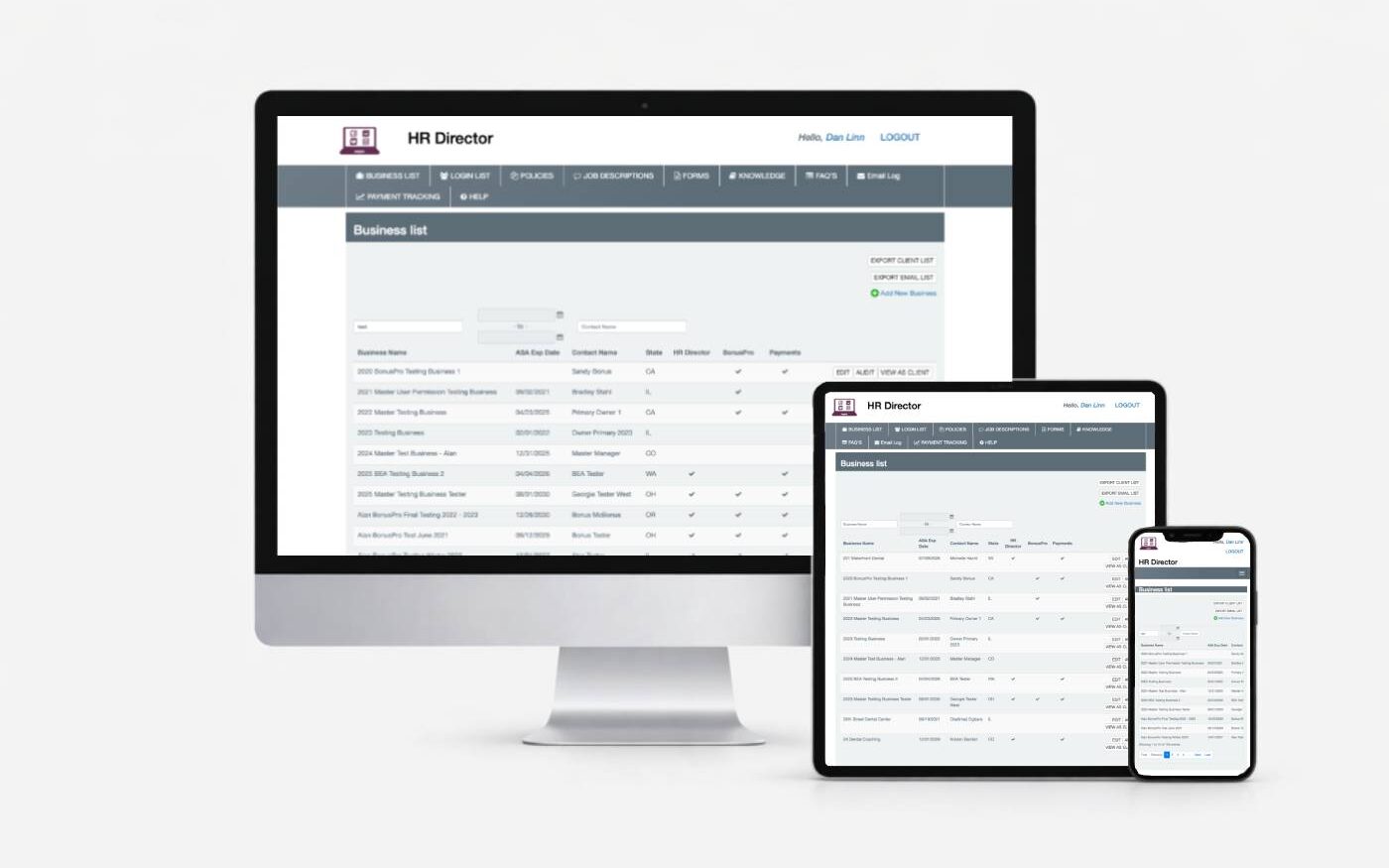 HR Director application shown on desktop, tablet, and mobile devices