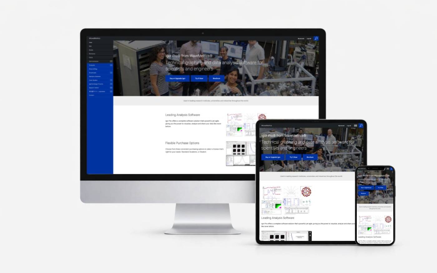 WaveMetrics website shown on desktop, tablet, and mobile devices